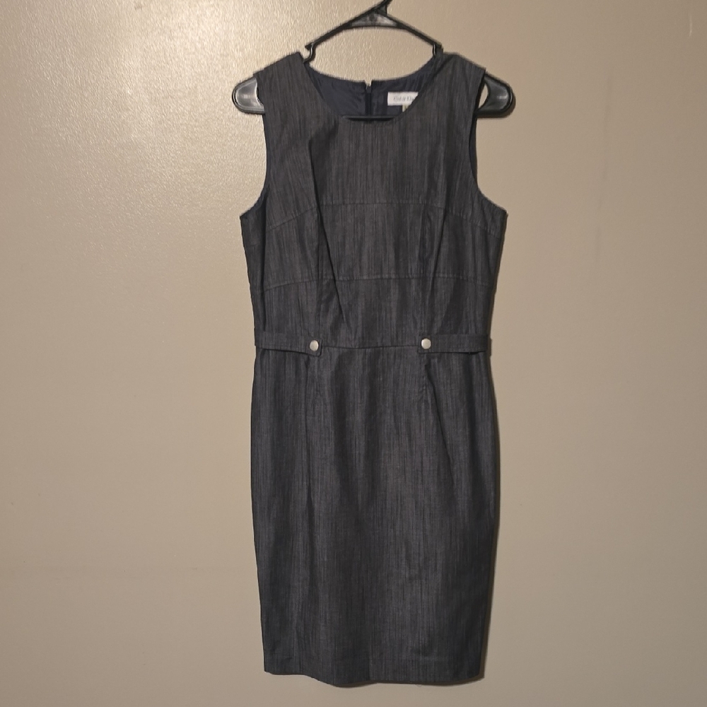 Calvin Klein Denim Chambray Metal Detail Sleeveless Sheath‎ Dress Blue Womens 6